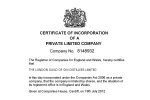 Certificate of incorporation for the London Guild of Gin Distillers